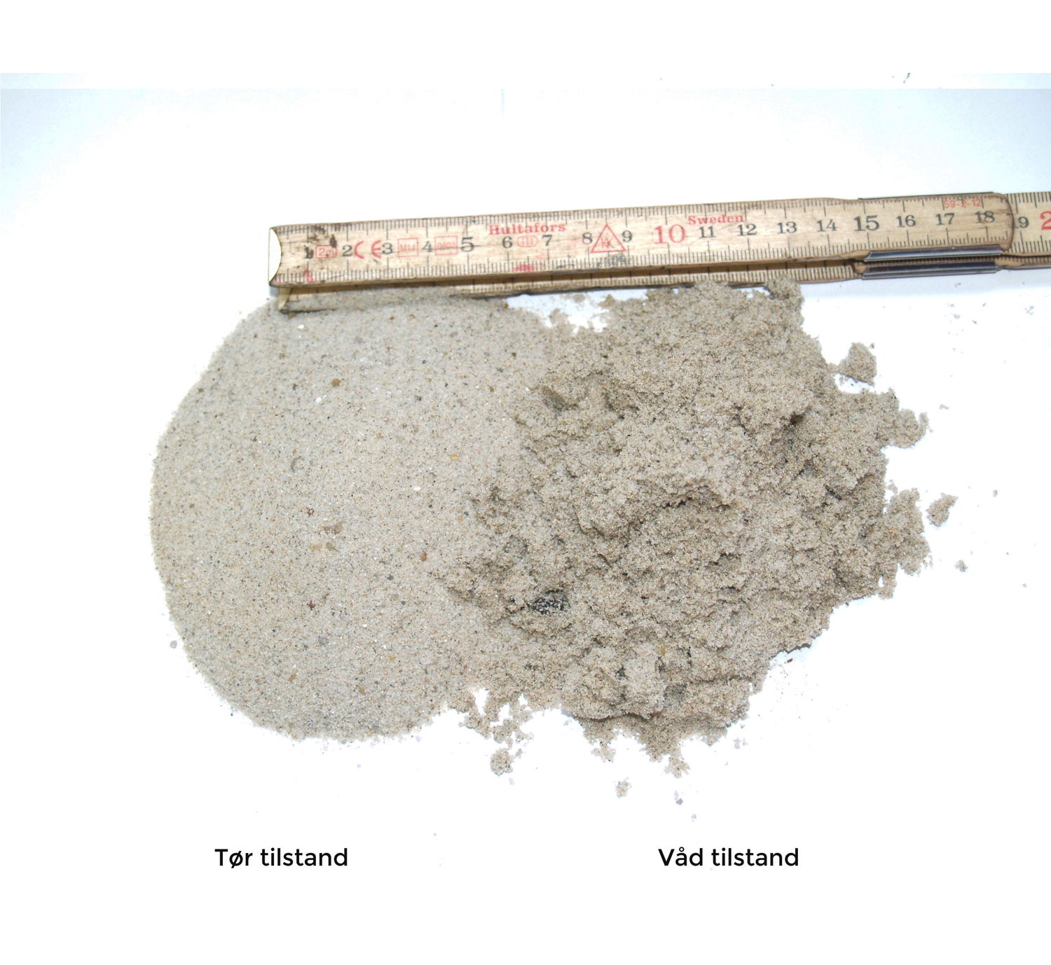 Sand i tør og våd tilstand med tommestok