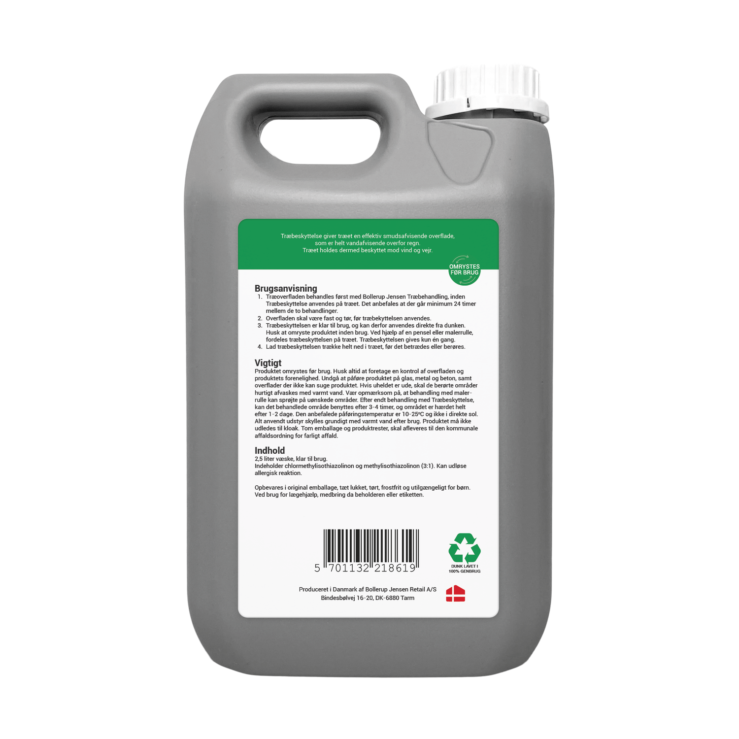 Grå 5 liters dunk med træbeskyttelse og etiket