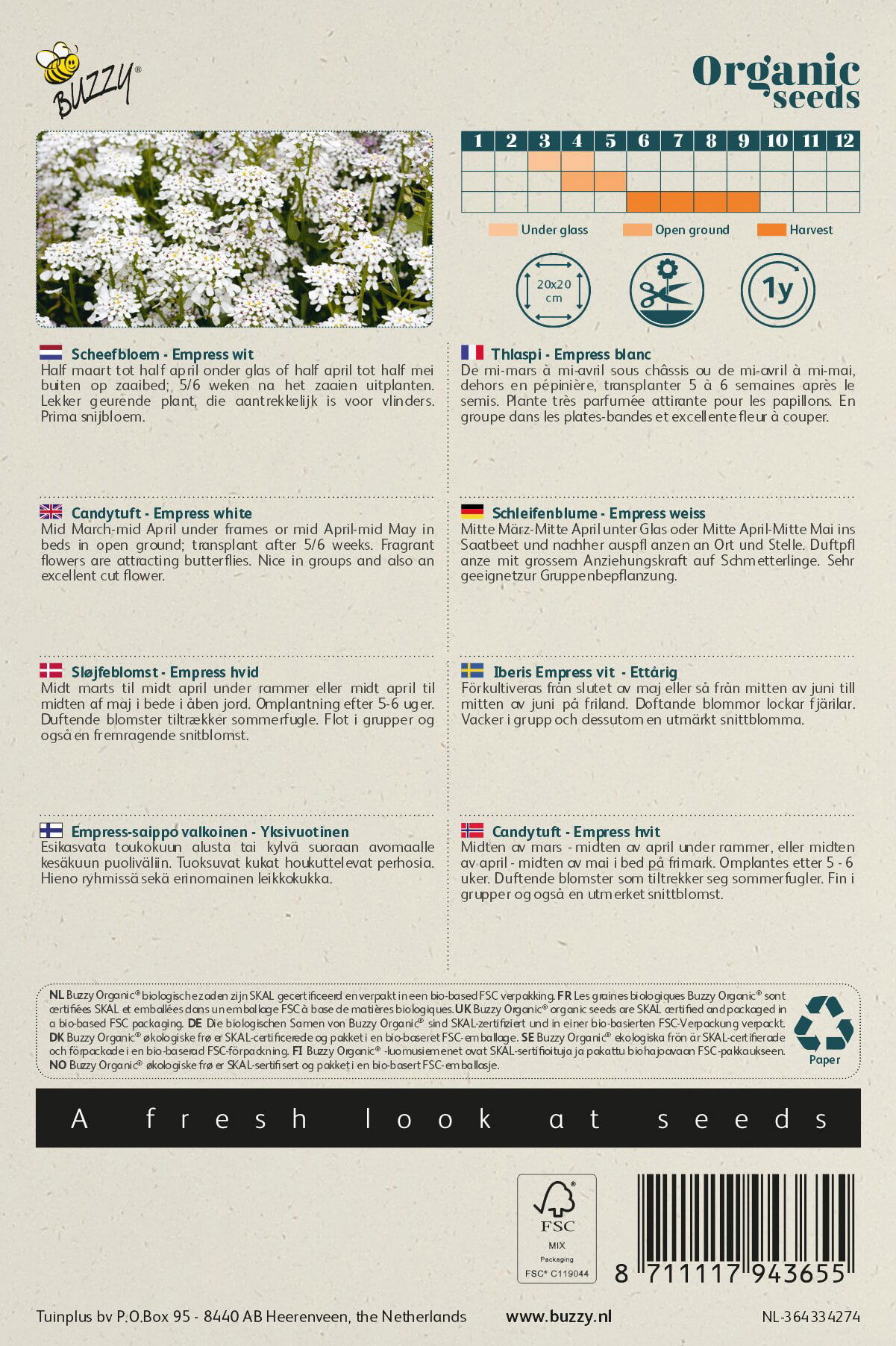 Bagside af pose med økologiske Empress hvid blomsterfrø