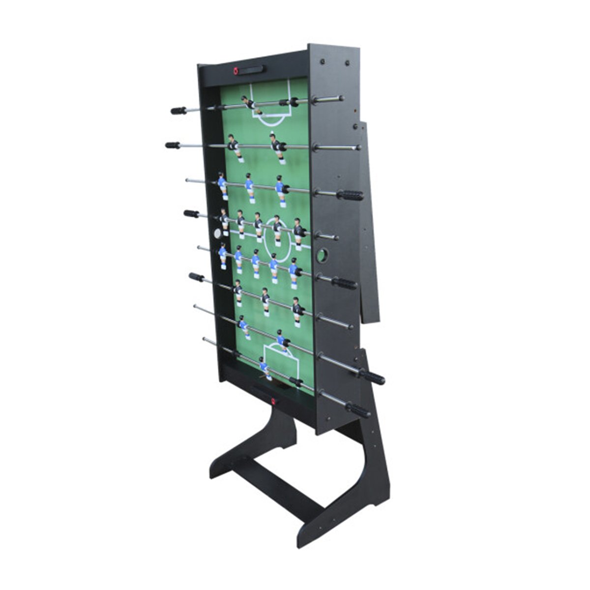 Sort sammenklappeligt bordfodboldbord med stativ