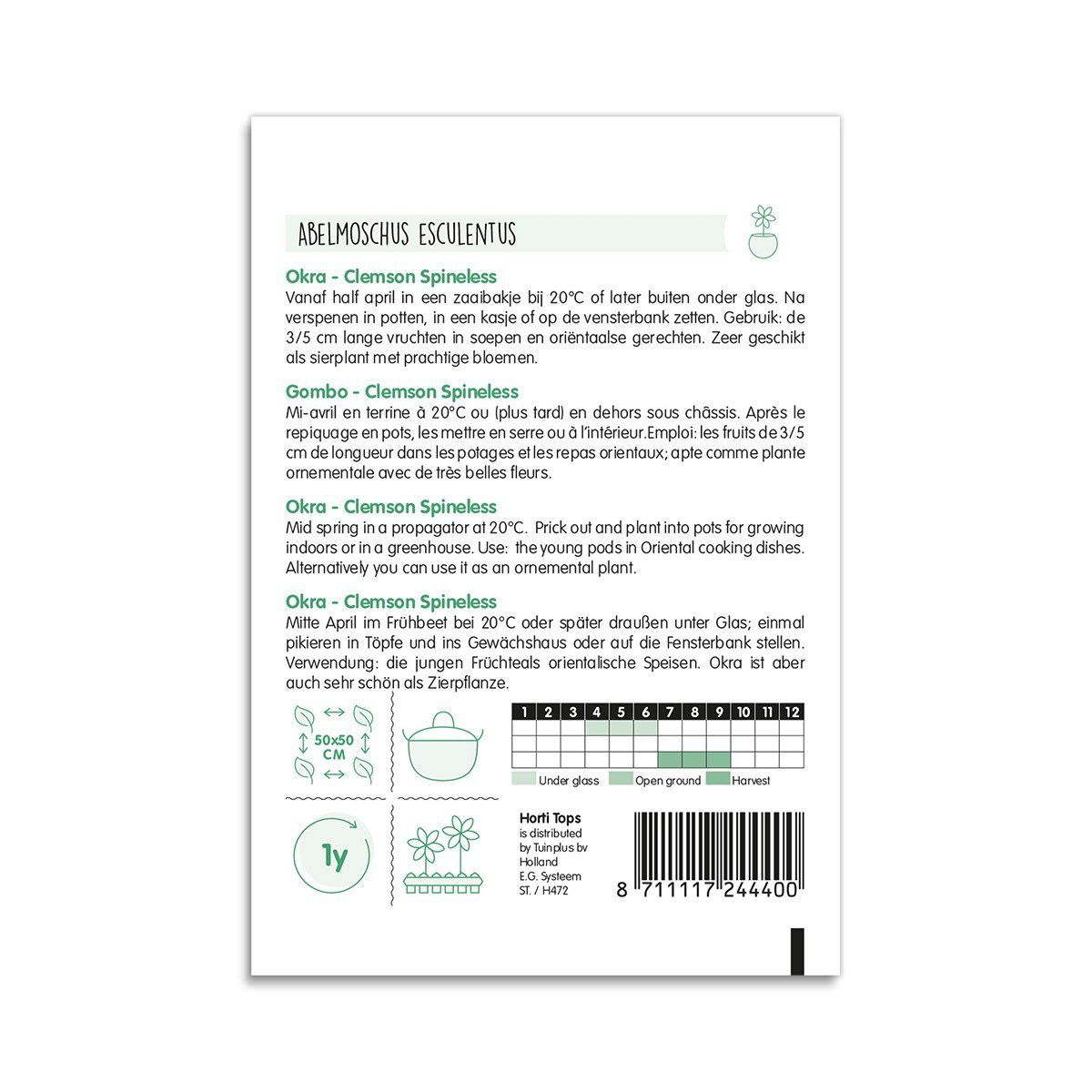 Bagside af frøpose til okra Clemson Spineless