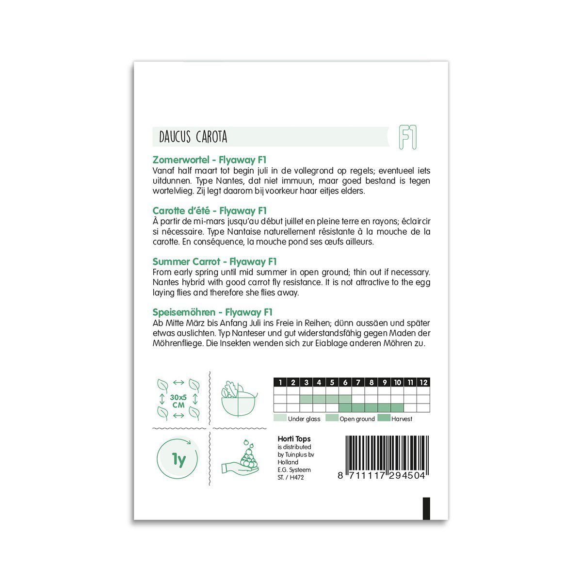 Pose med Flyaway F1 gulerodsfrø og dyrkningsvejledning