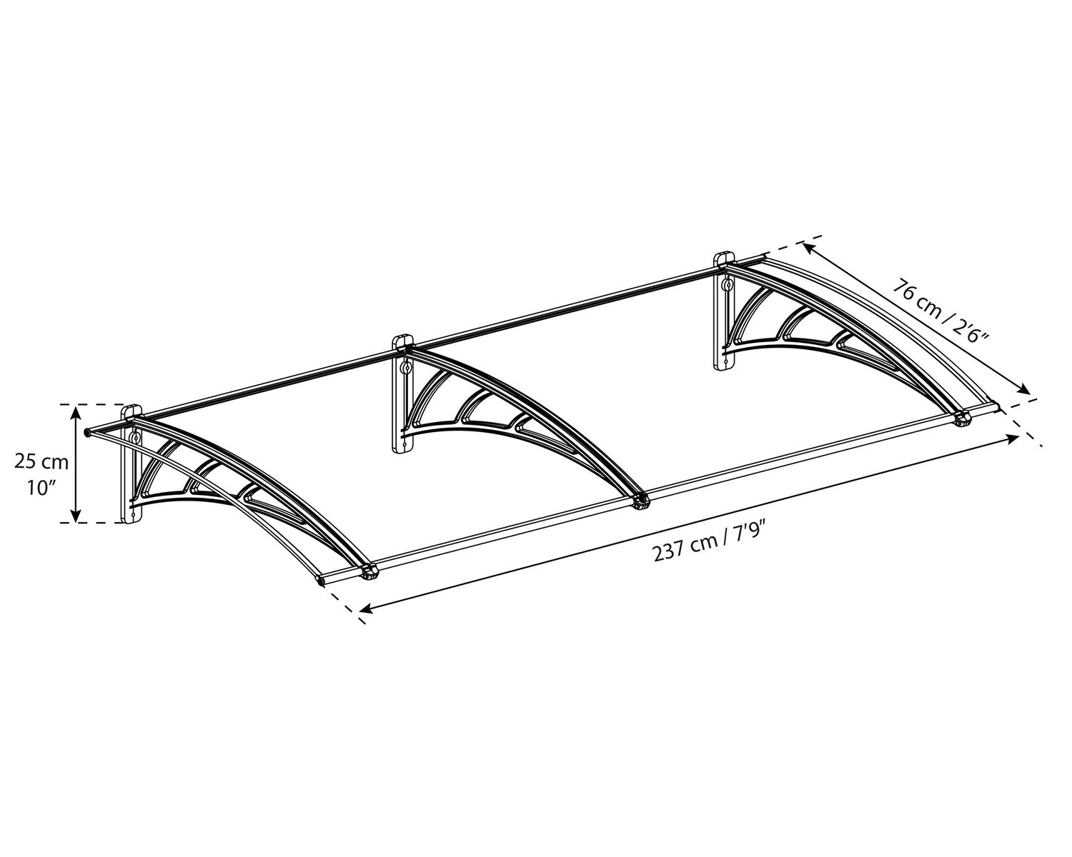 Tegning af buet dørskærm 237x76x25 cm med mål
