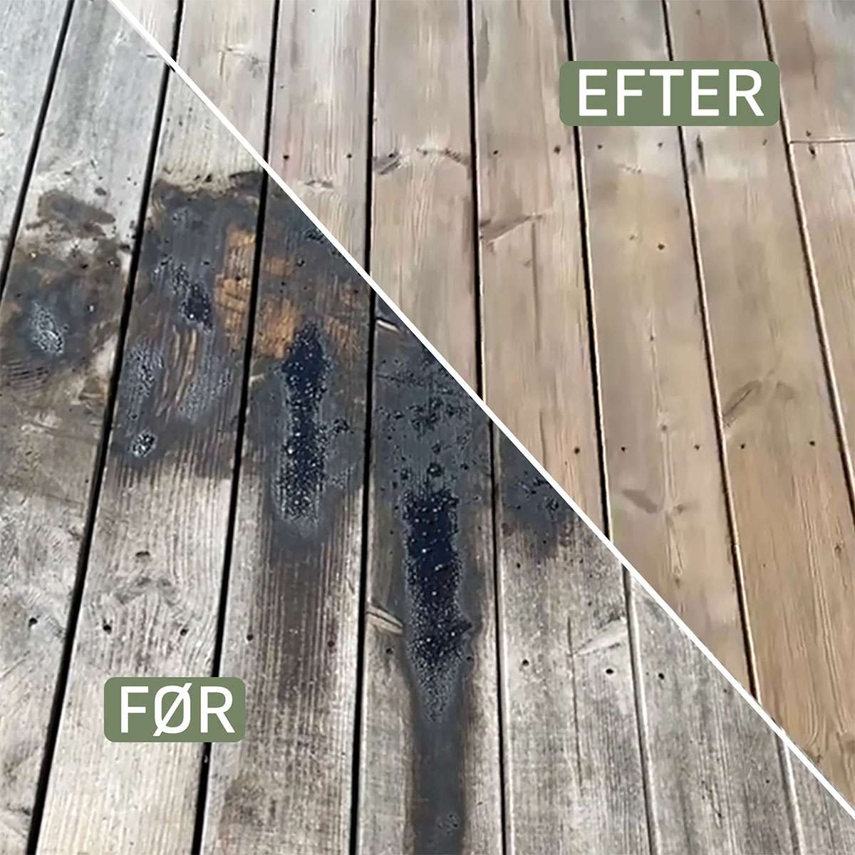 Sammenligning af snavset og rengjort træterrasse