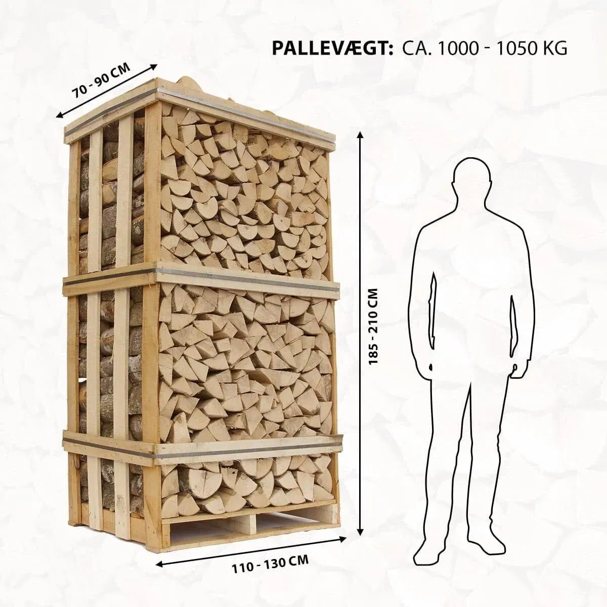 Brændetårn på palle med mål og vægtangivelse