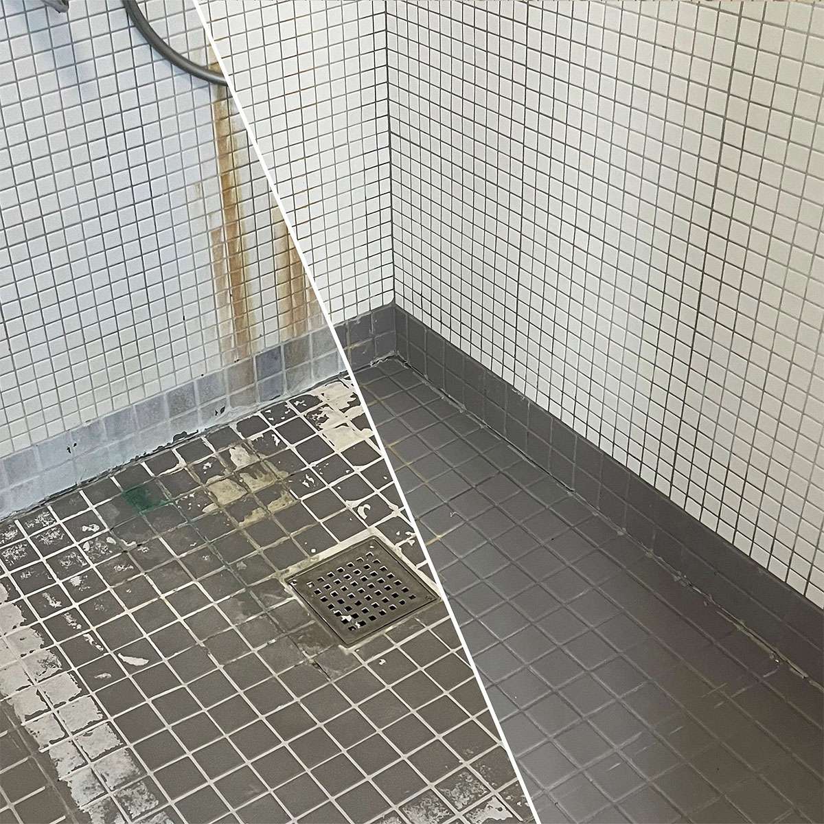 Sammenligning af beskidte og rene brusefliser før og efter r