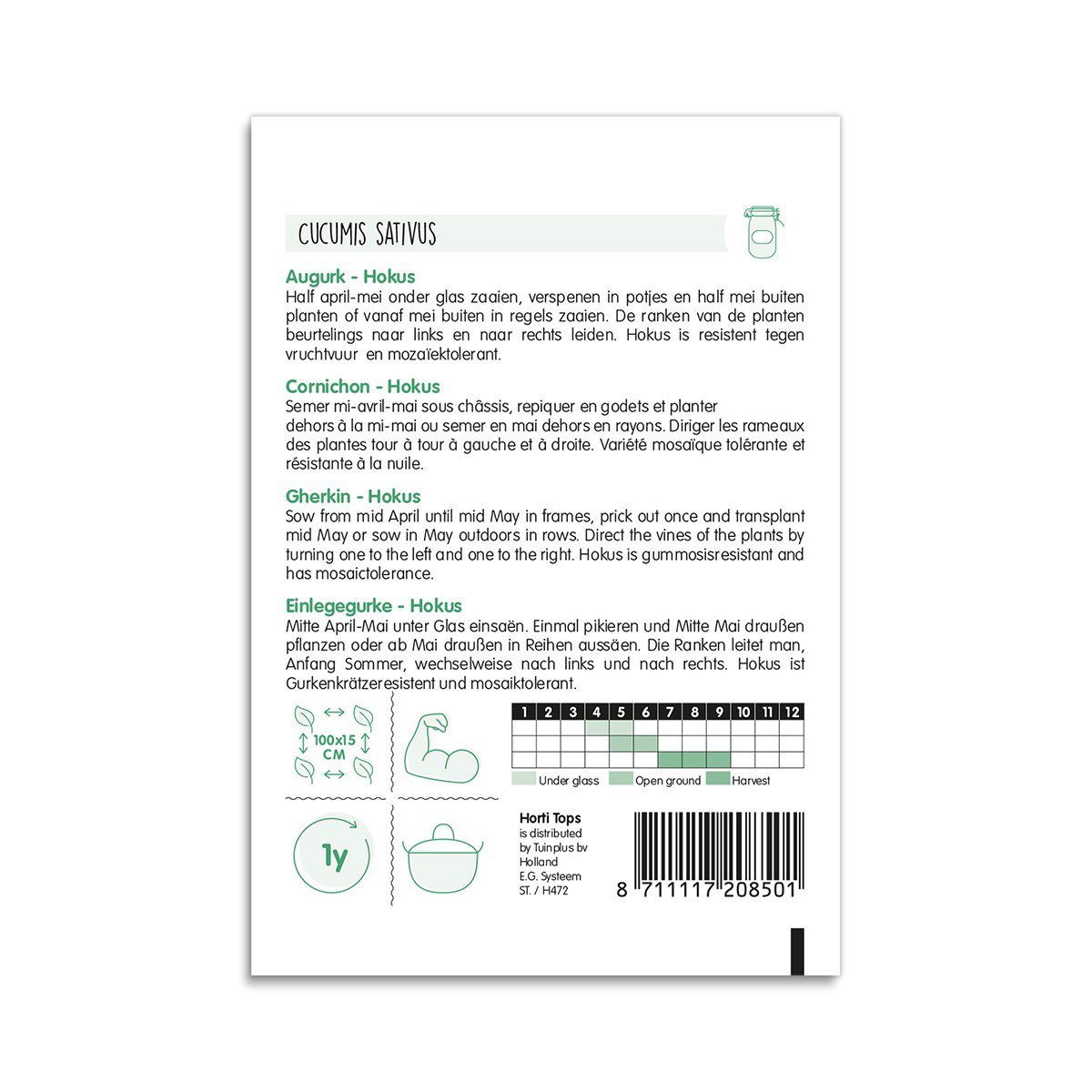Bagside af pose med Hokus agurkfrø og dyrkningsråd