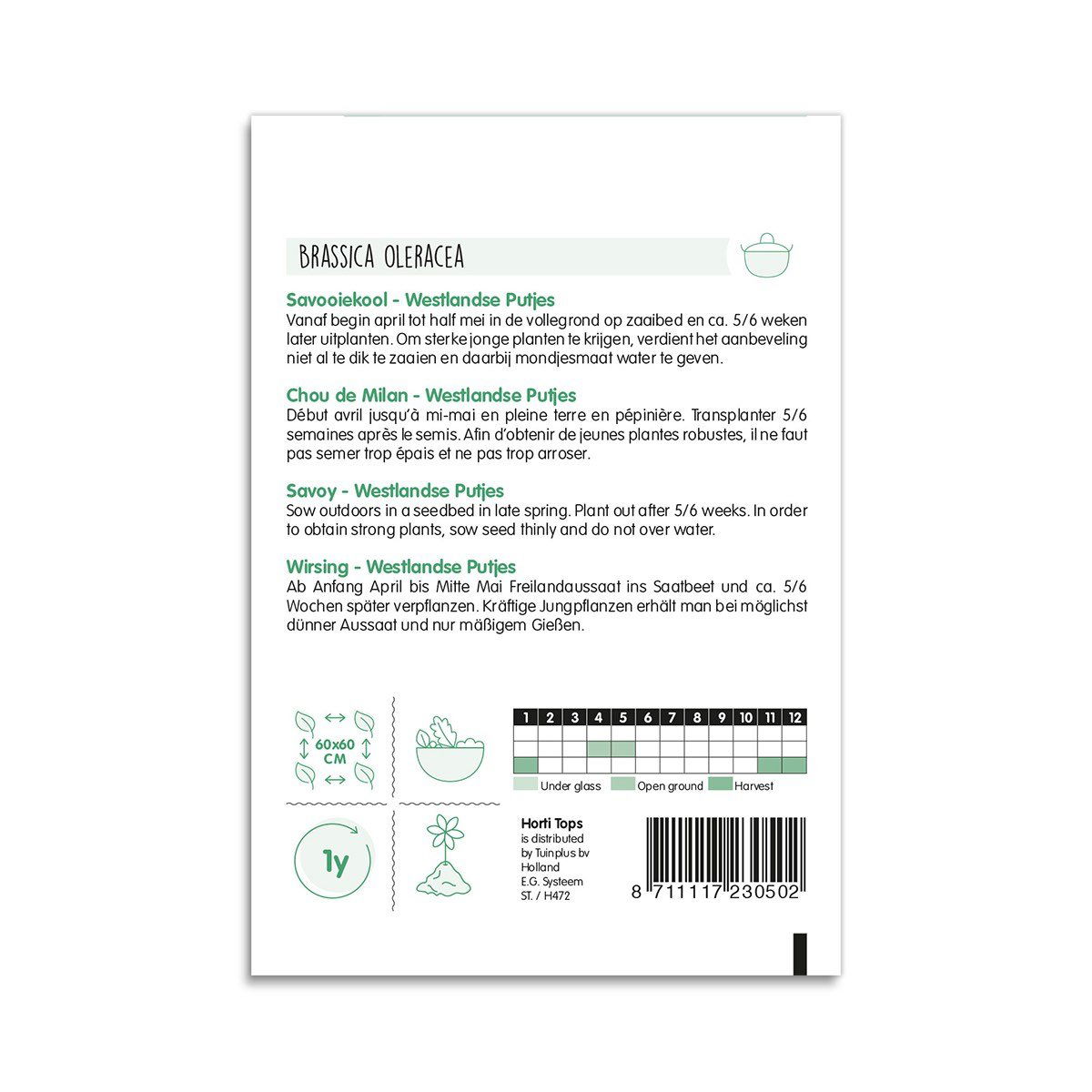 Bagside af pose med savoykålfrø Westlandse Putjes