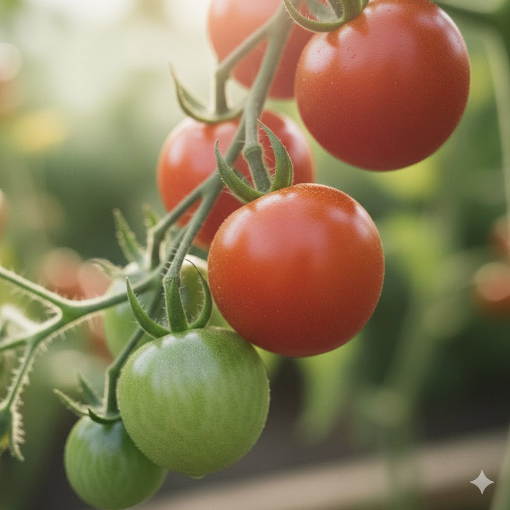 Grønne og modne røde Cerise cherrytomater på gren - økologiske cherrytomatfrø fra Buzzy Organic, velegnet til salater og snacking, dyrkning i drivhus og friland