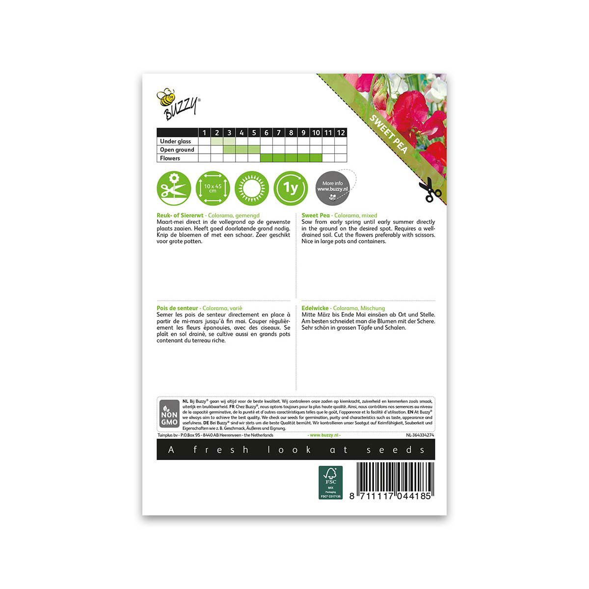 Bagside af Buzzy Sweet Pea Calorama frøpose