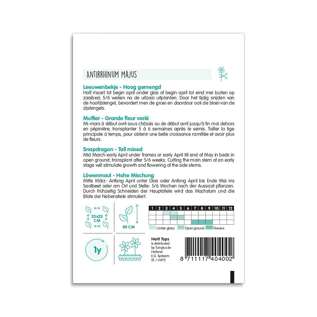 Bagside af løvemund frøpose med så- og plejeinfo