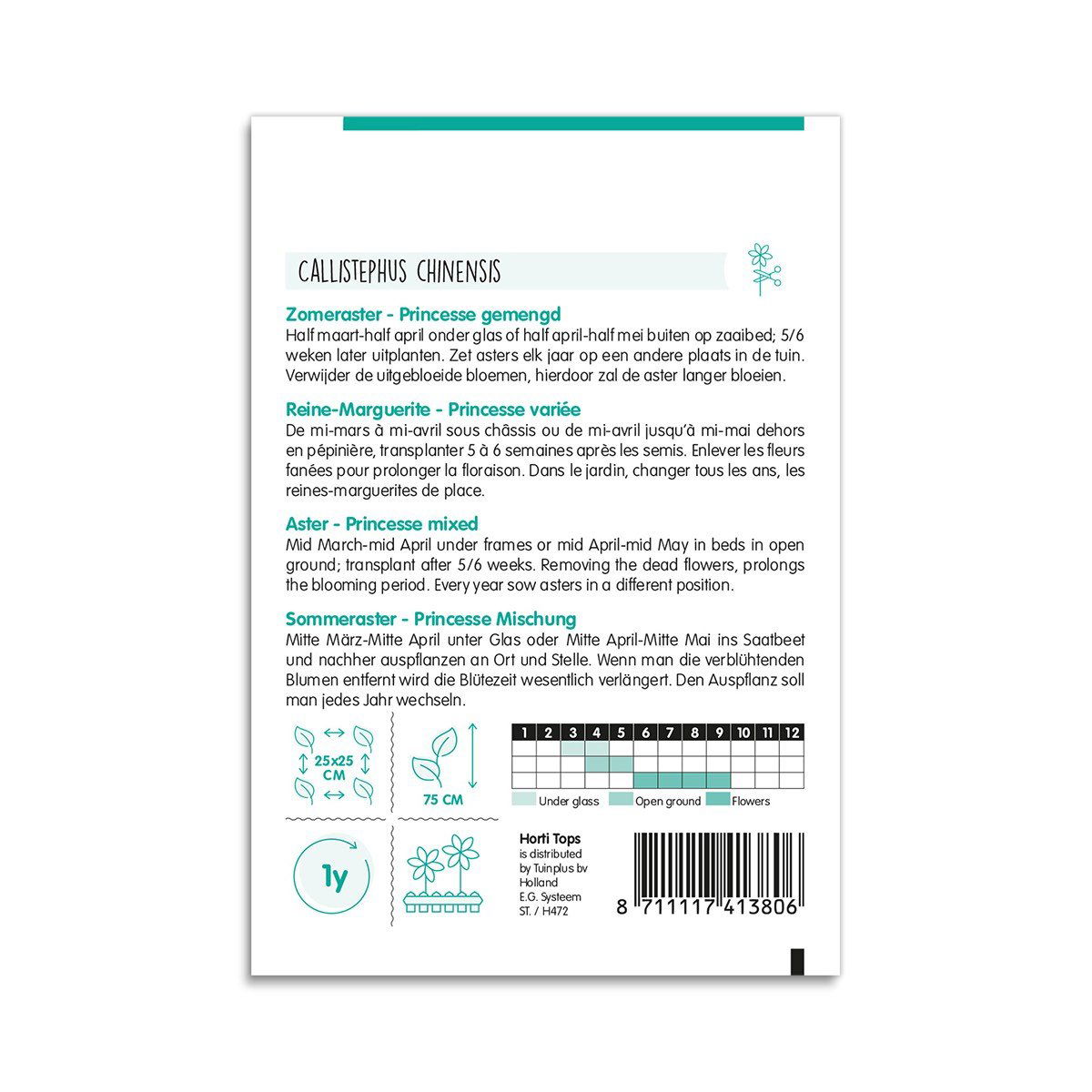Bagside af frøpose til Callistephus chinensis
