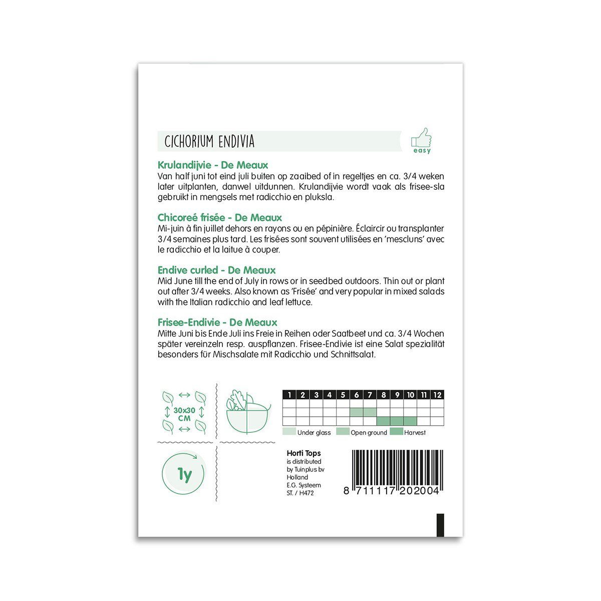 Bagside af Cichorium endivia frøpose De Meaux