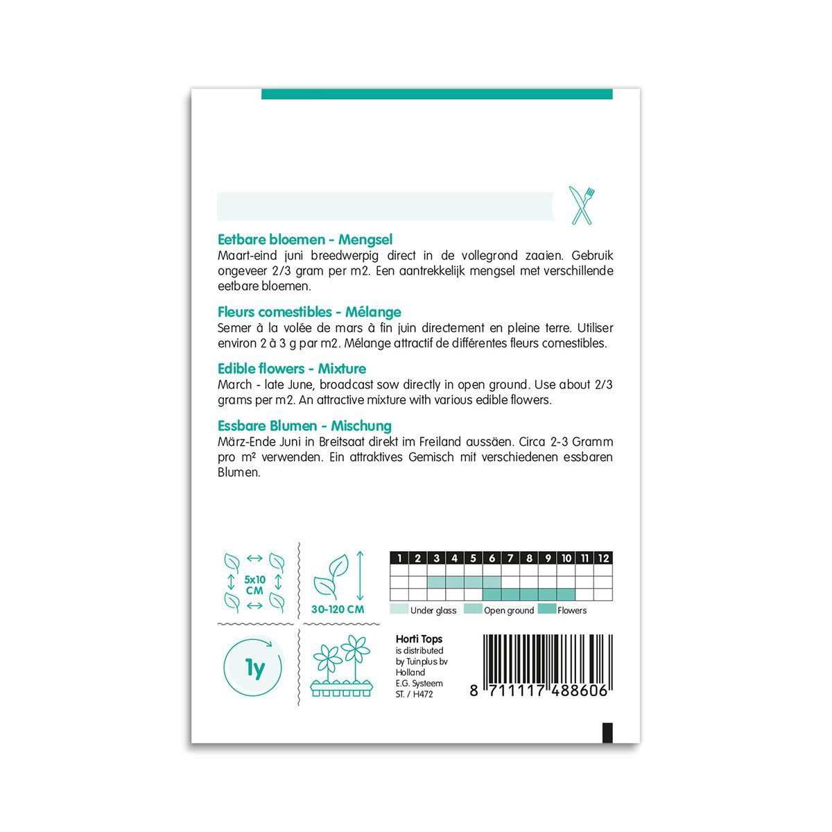 Bagside af pose med spiselige blomster frøblanding