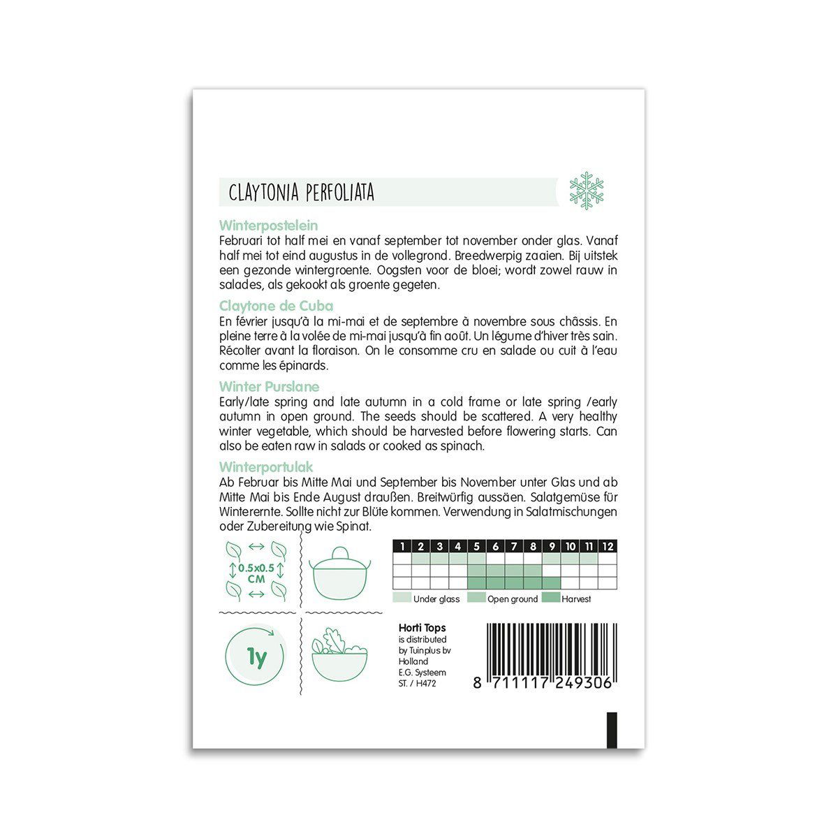 Bagside af frøpose til vinterportulak Claytone de Cuba