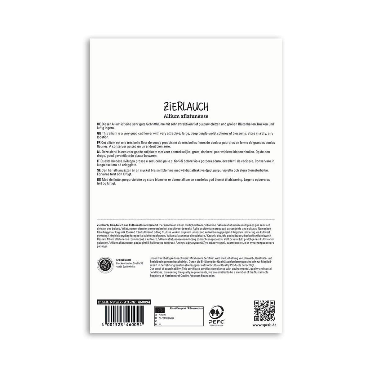 Bagside af Zierlauch Allium aflatuense frøpose med tekst