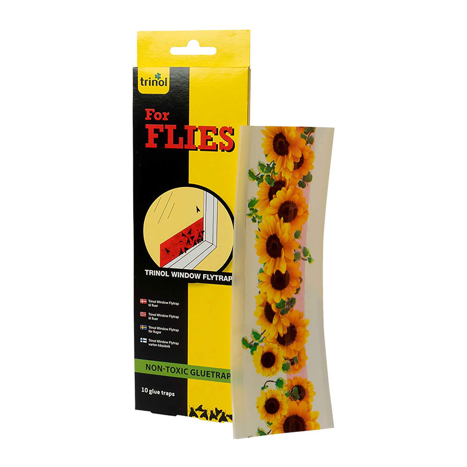 Trinol vinduesfluefælde med solsikkemotiv, 10 limfælder