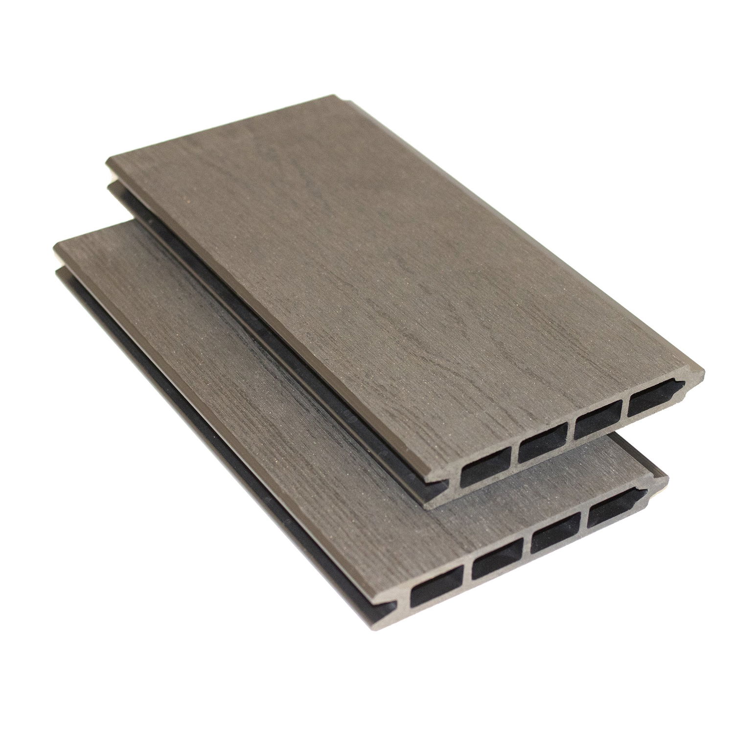 To grå komposit terrassebrædder med hulprofil