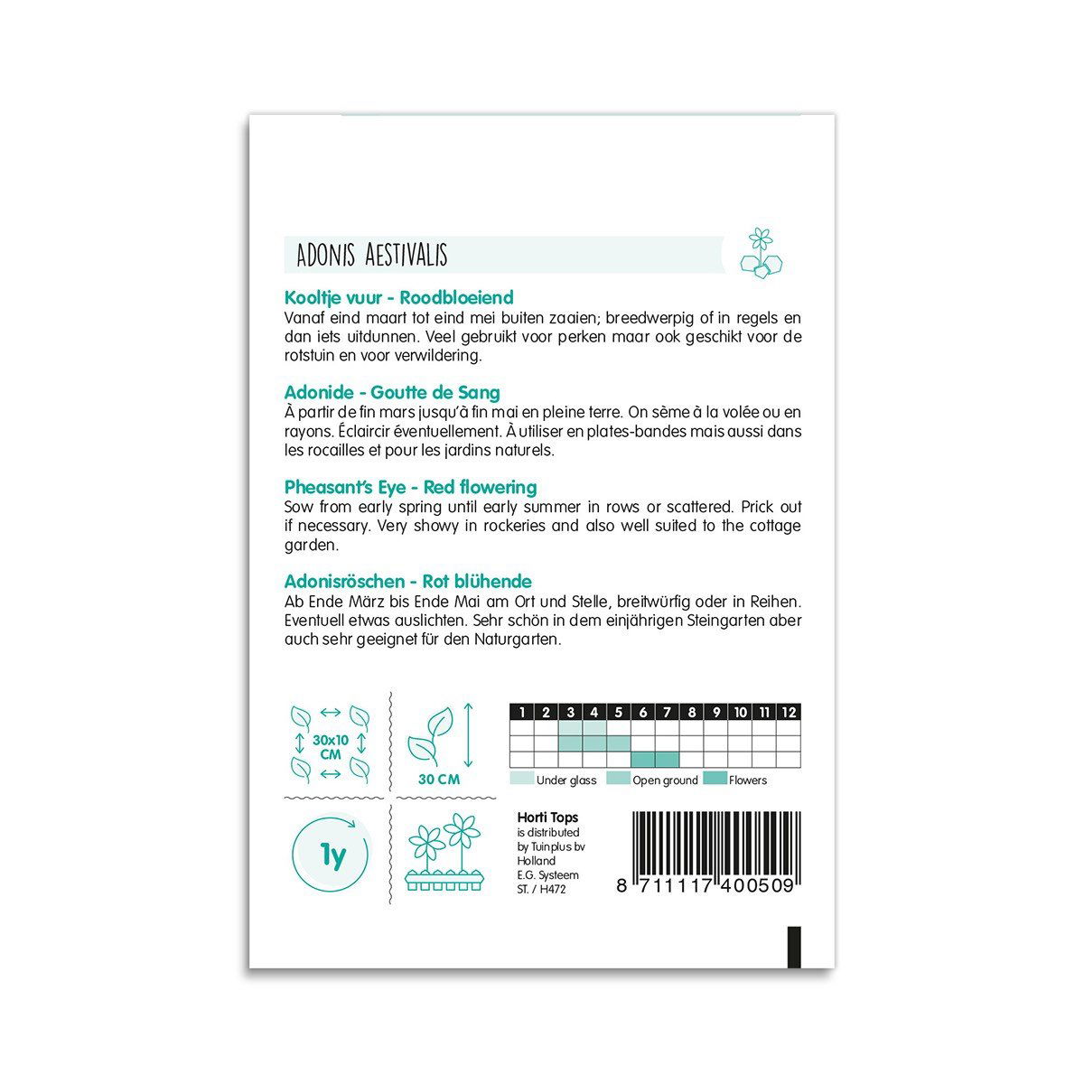 Pose med Adonis aestivalis frø og såvejledning