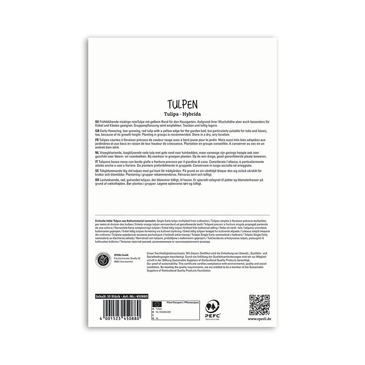 Bagside af pakke med Tulipa Hybrida tulipanløg