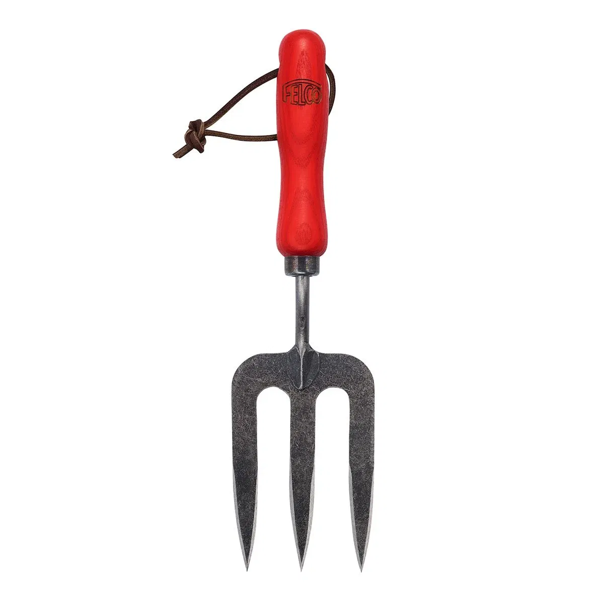 Lille havegaffel med tre tænder og rødt håndtag