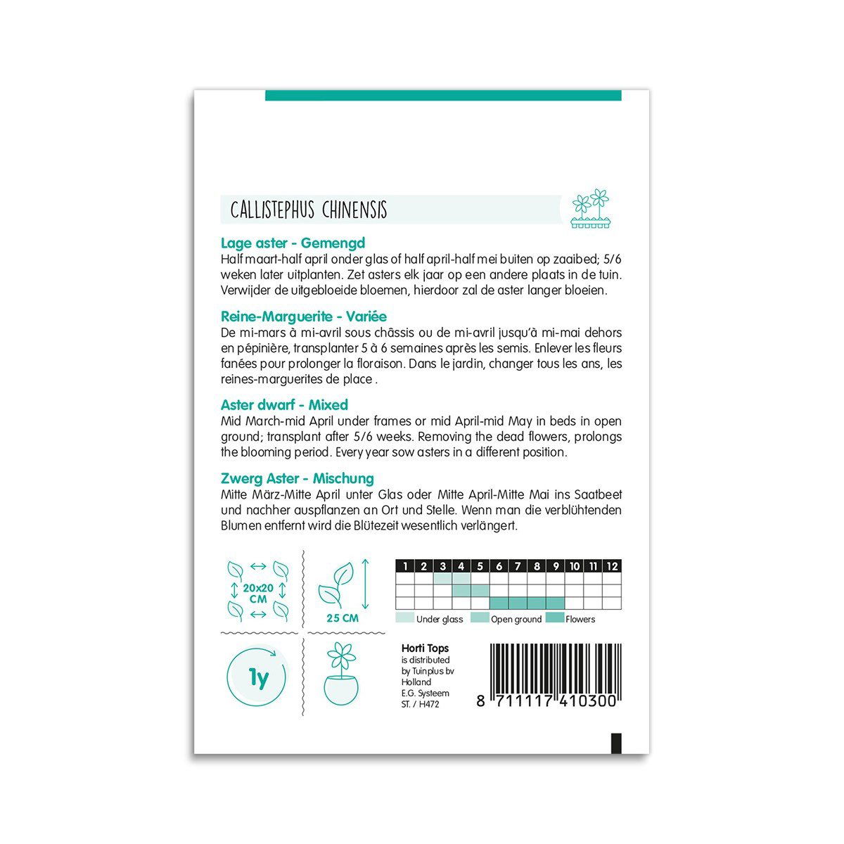 Bagside af frøpose til blandet Callistephus chinensis