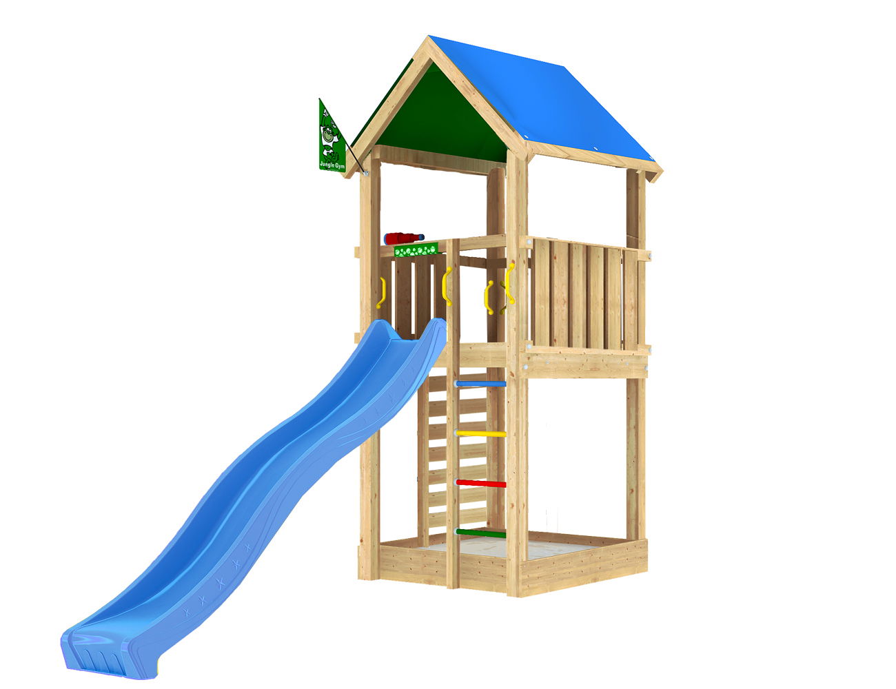 Stort legetårn i træ med stige og blå rutsjebane