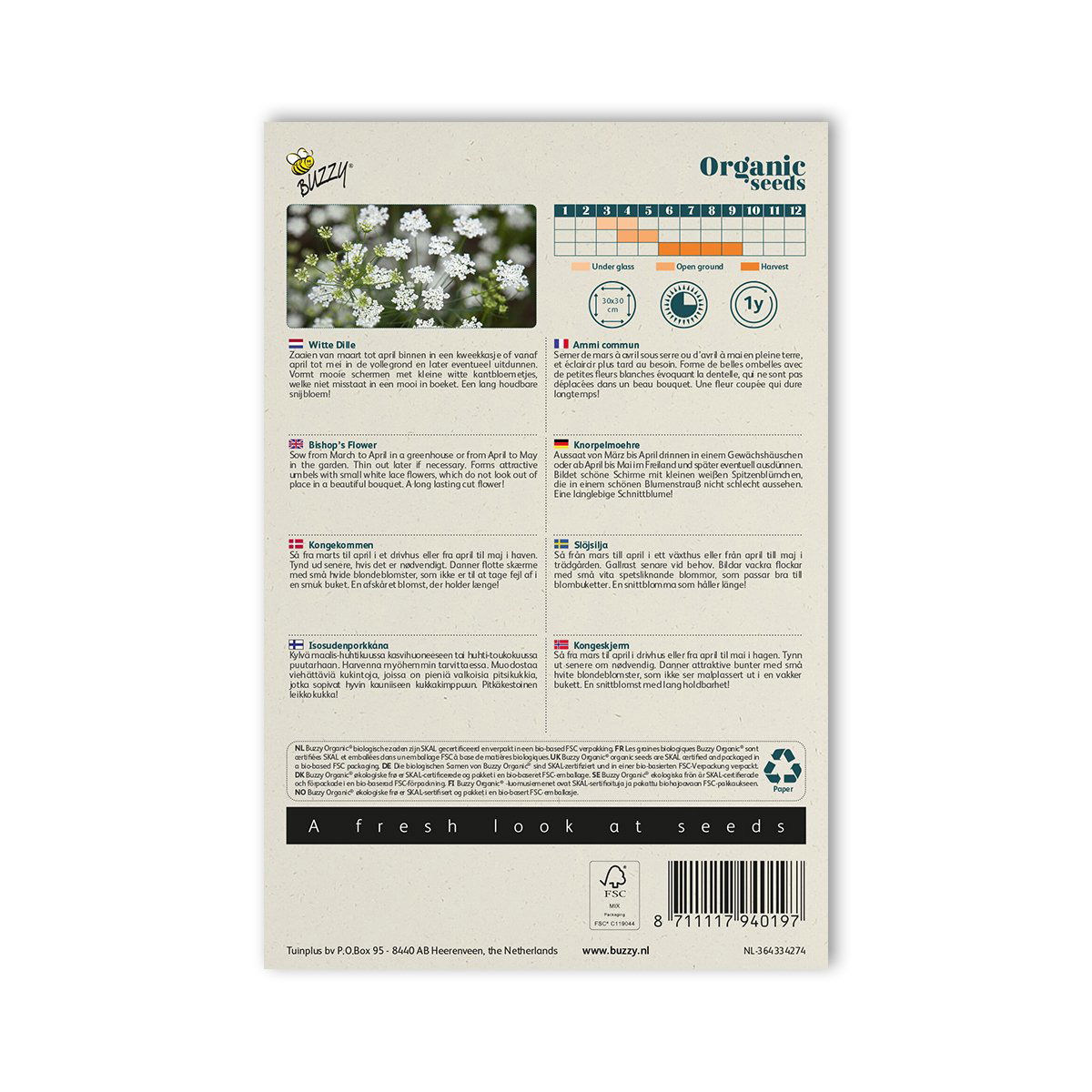 Bagside af frøpose med økologiske hvid dild frø og vejlednin