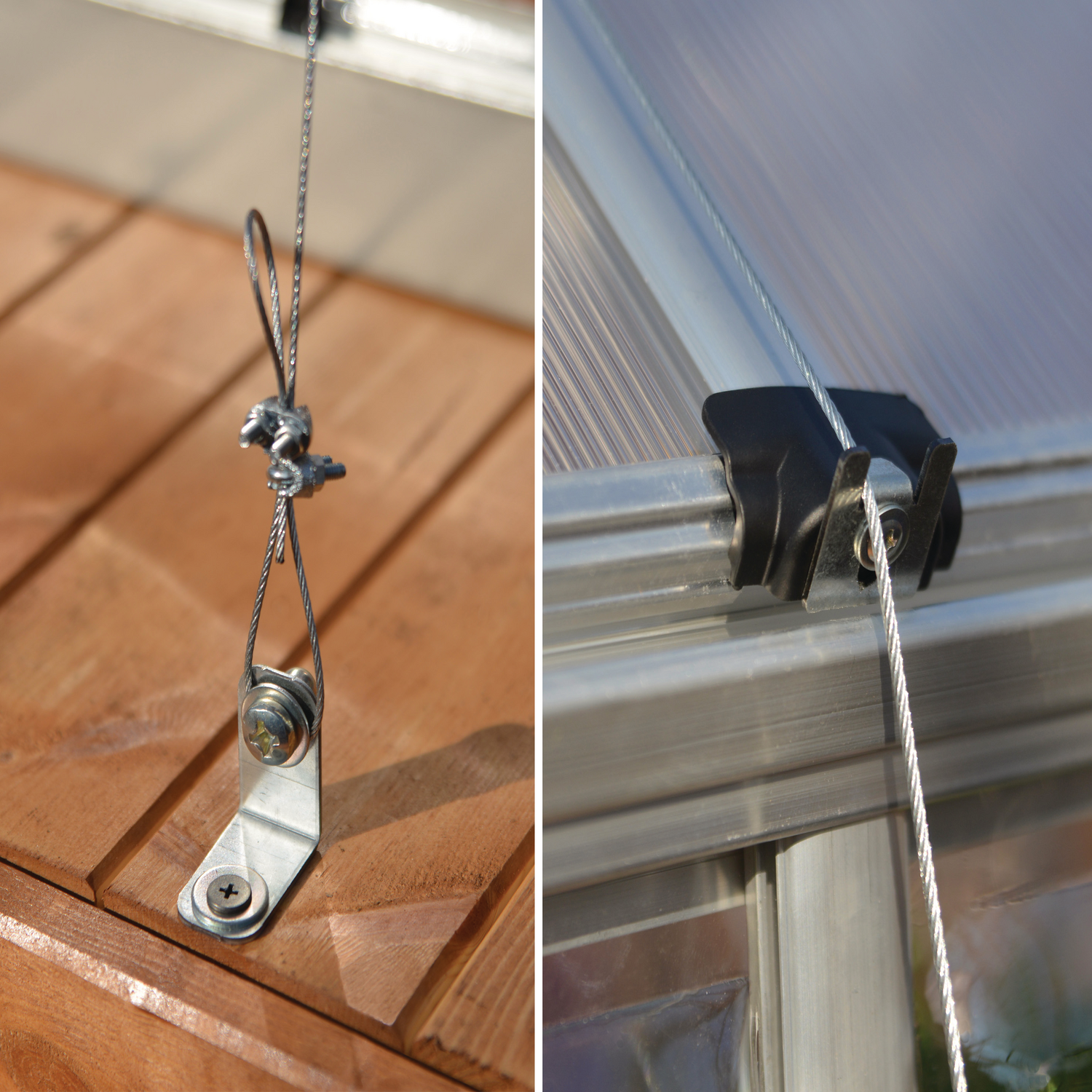 Stålwire med beslag til stormsikring af drivhus