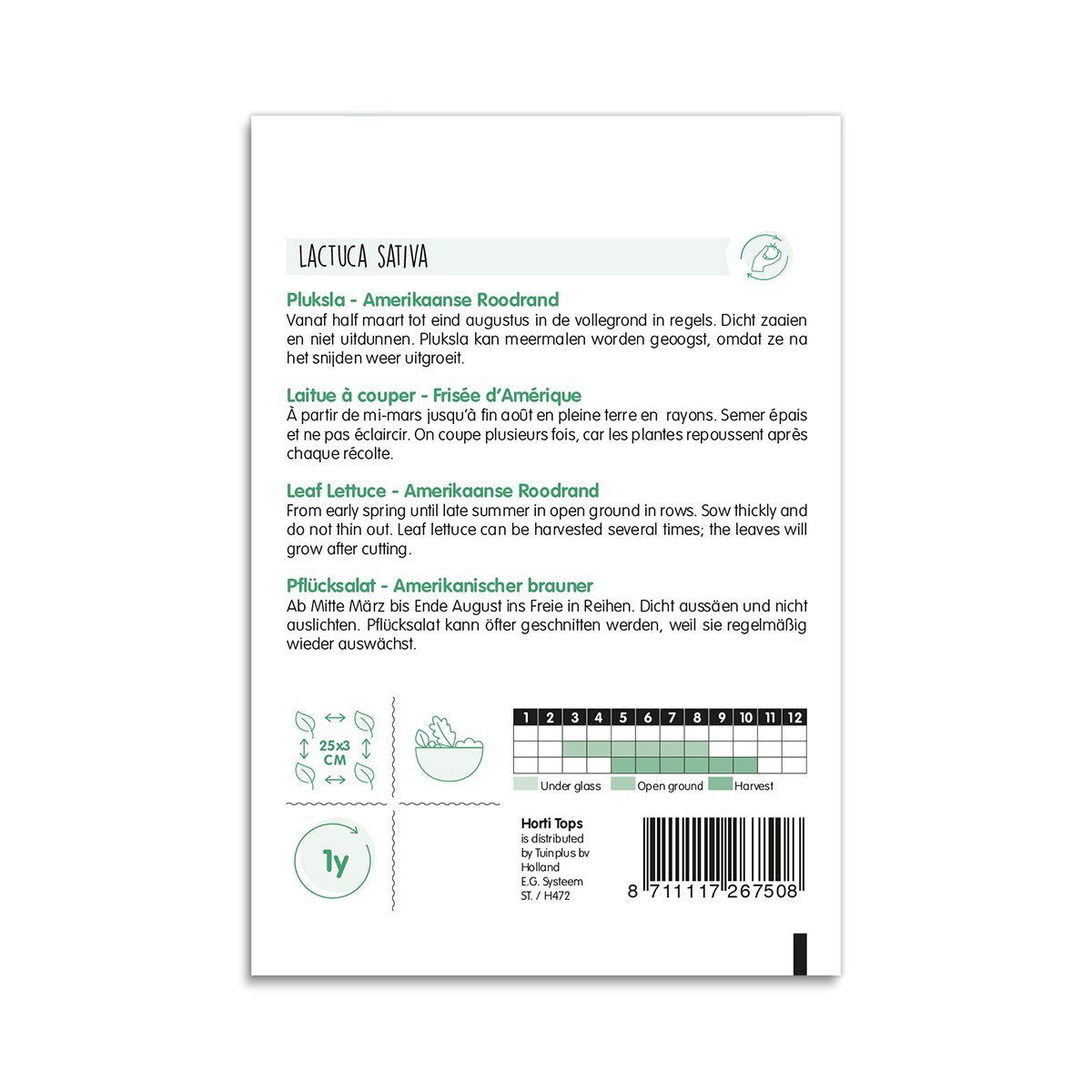 Bagside af frøpose til pluksalat amerikansk rød