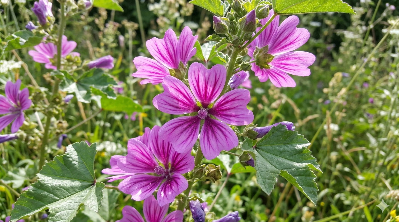 Tæt på lyserøde-violette malvablomster med grønne blade og græs i baggrunden