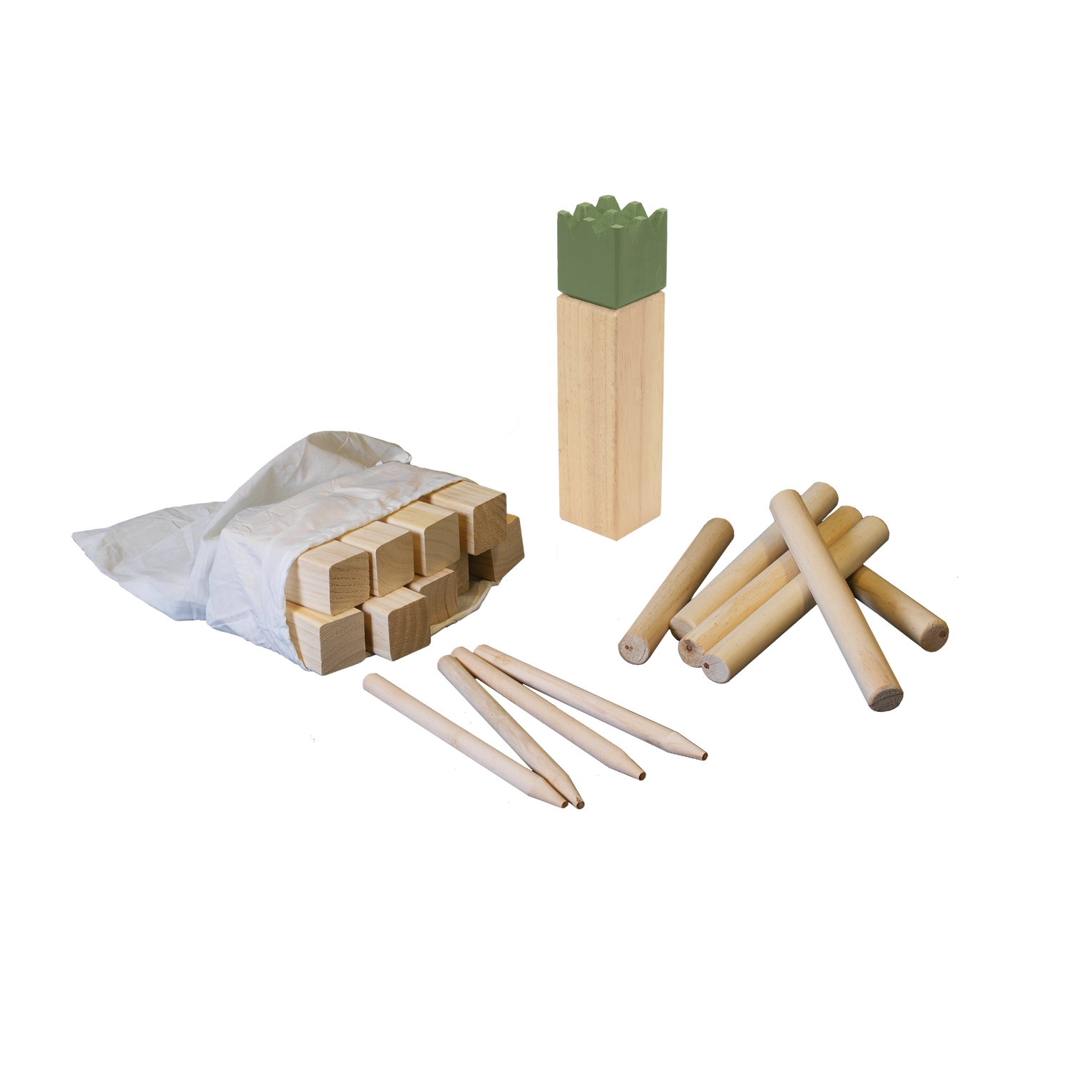 Komplet Kubb spil i træ med konge og pinde