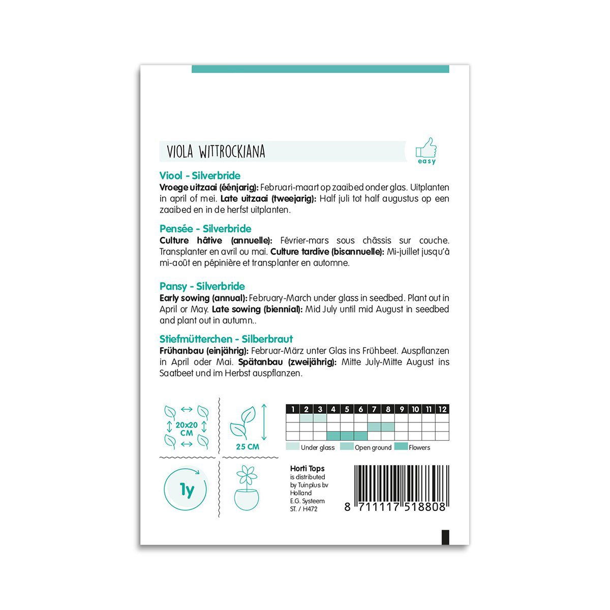 Bagside af Viola wittrockiana Silverbride frøpose