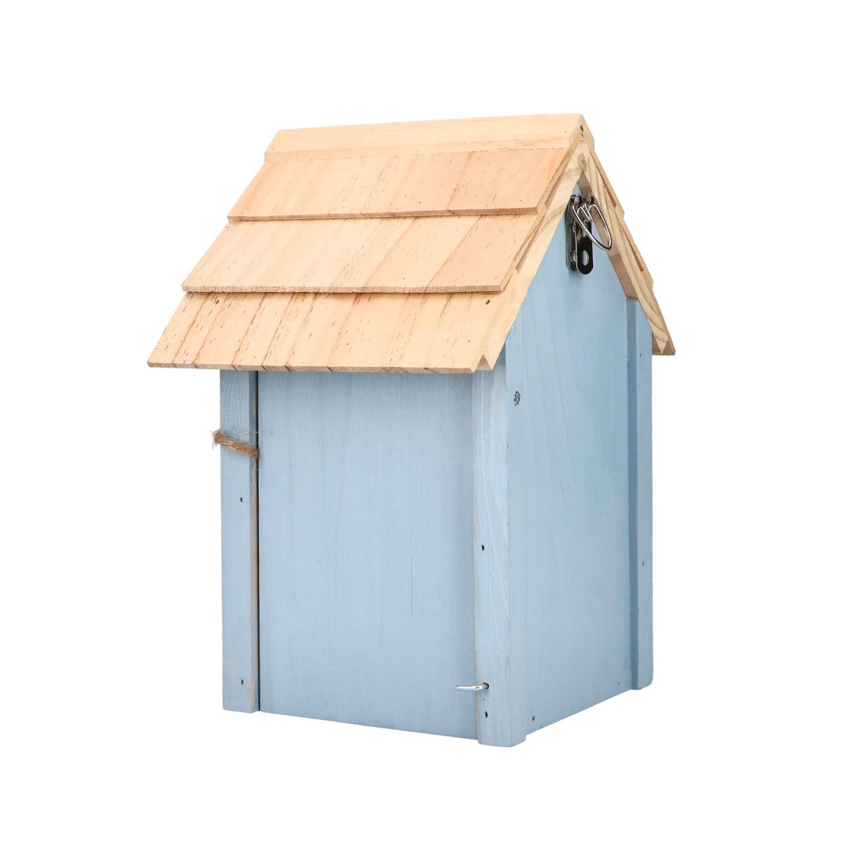 Blå træfuglekasse med lyst naturtræstag