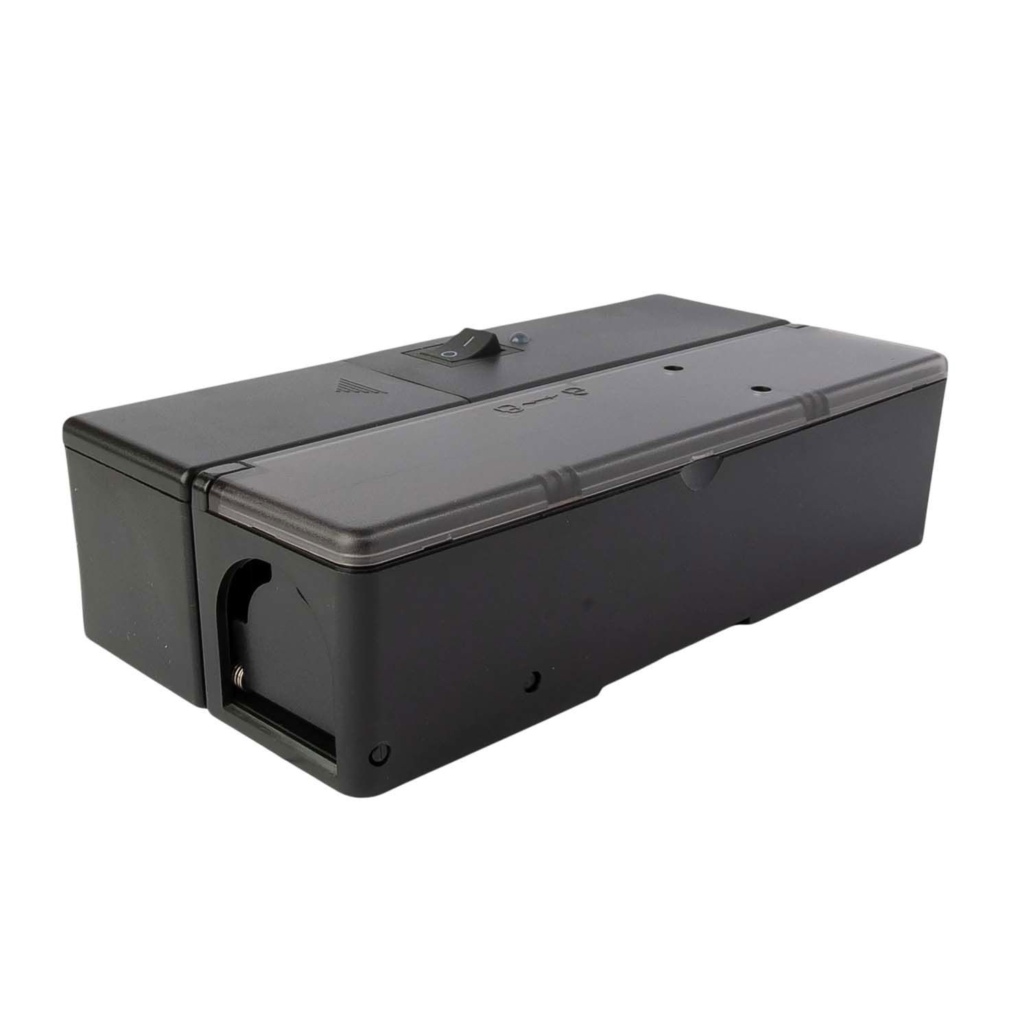 Sort elektronisk musefælde med låg og tænd/sluk-knap