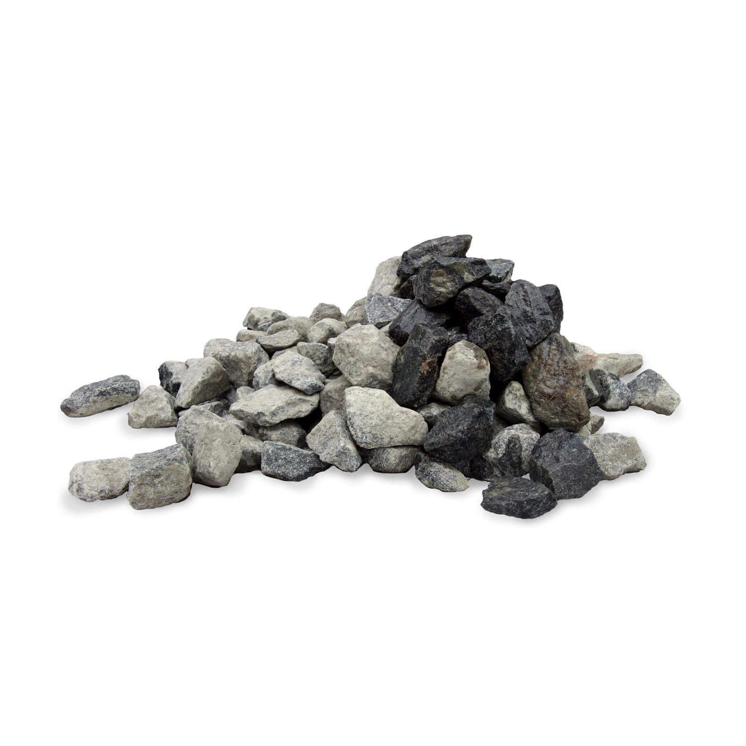 Bunke grå og sorte granitskærver på hvid baggrund