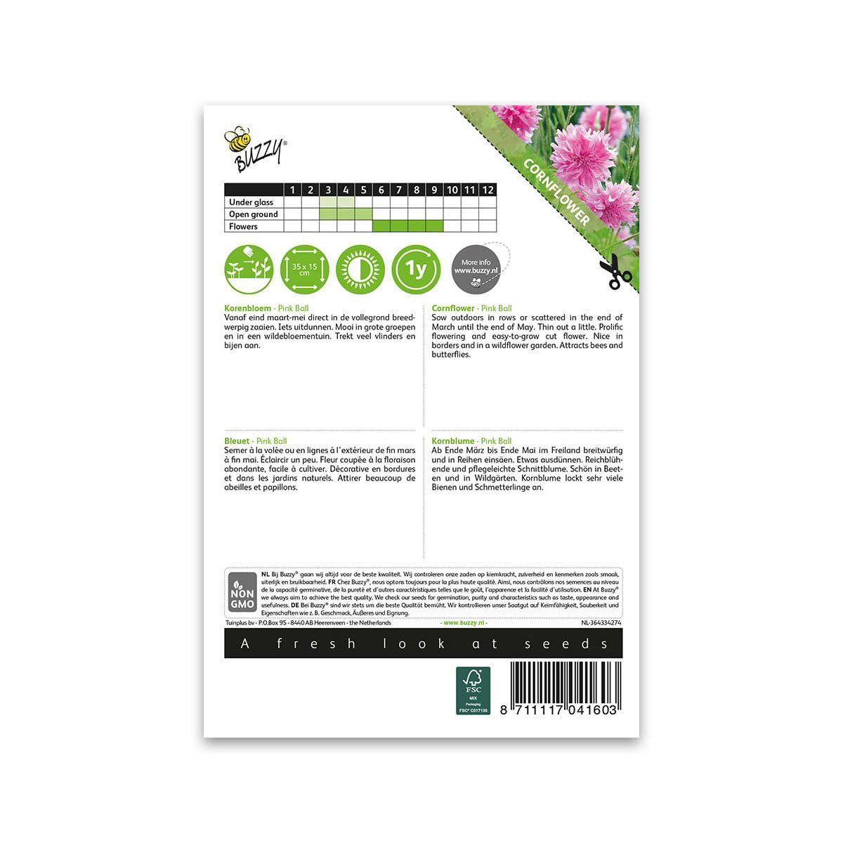 Bagside af Buzzy frøpose til kornblomst Pink Ball