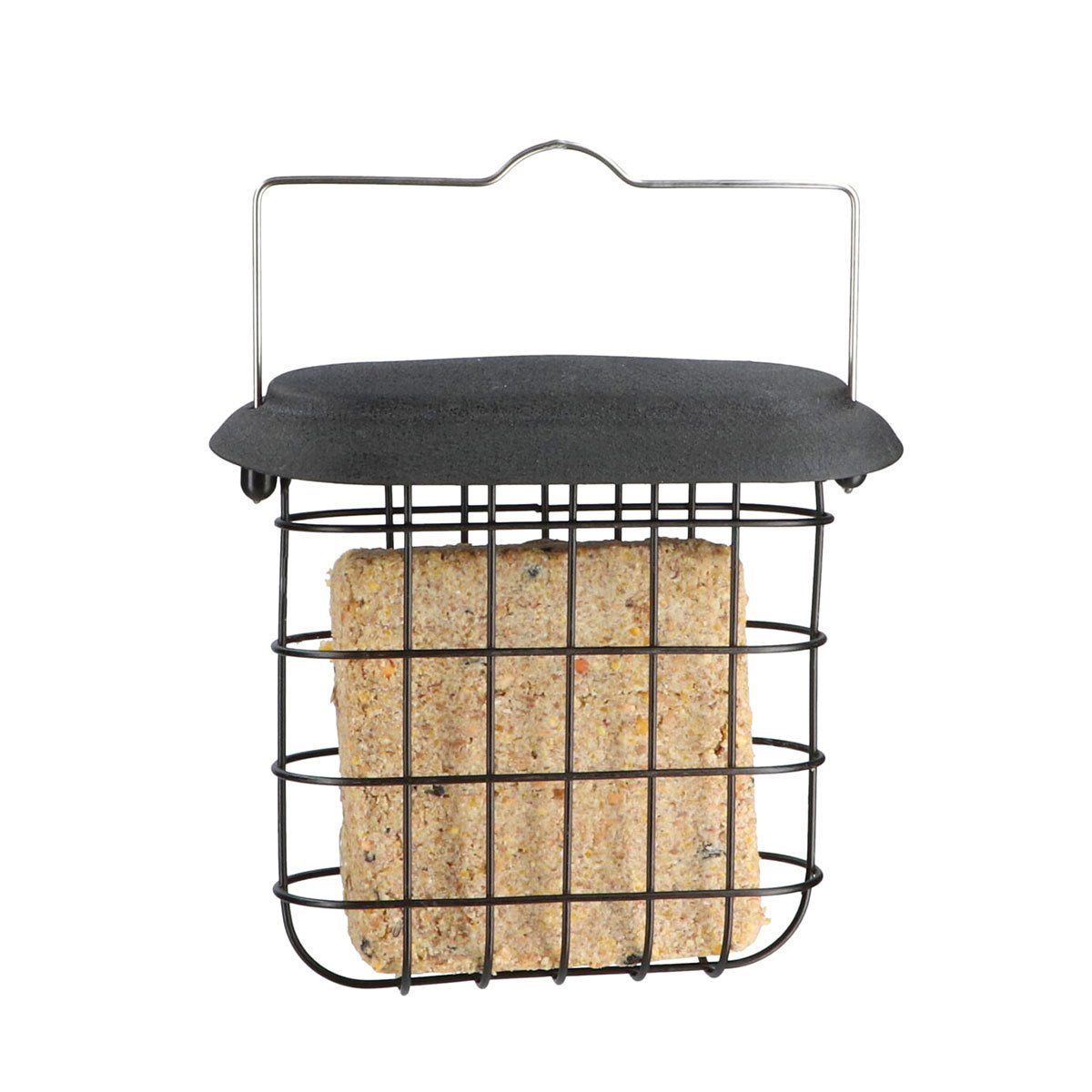 Sort metal fuglefoderholder til fedtblok med tag