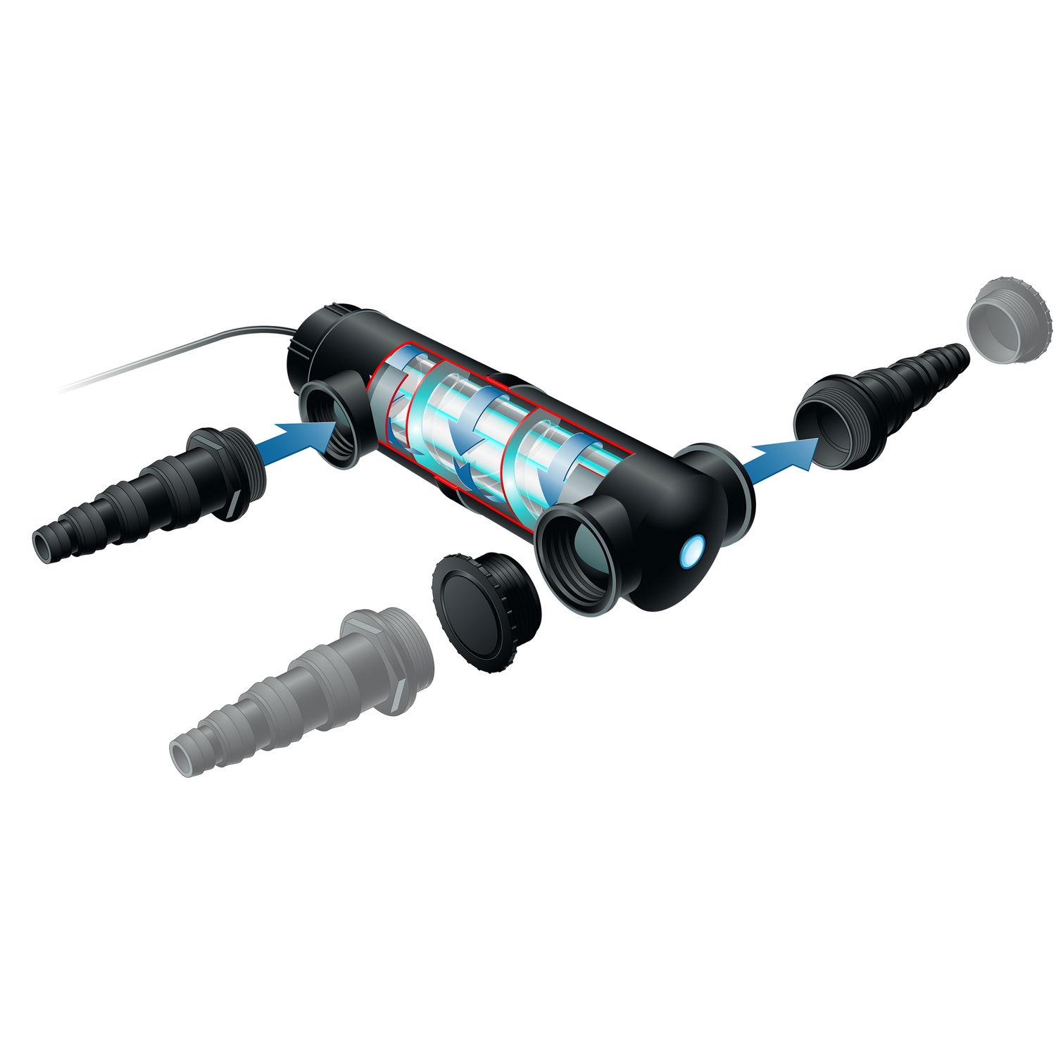 Gennemstrømnings UV-C vandklarer med slangeadaptere