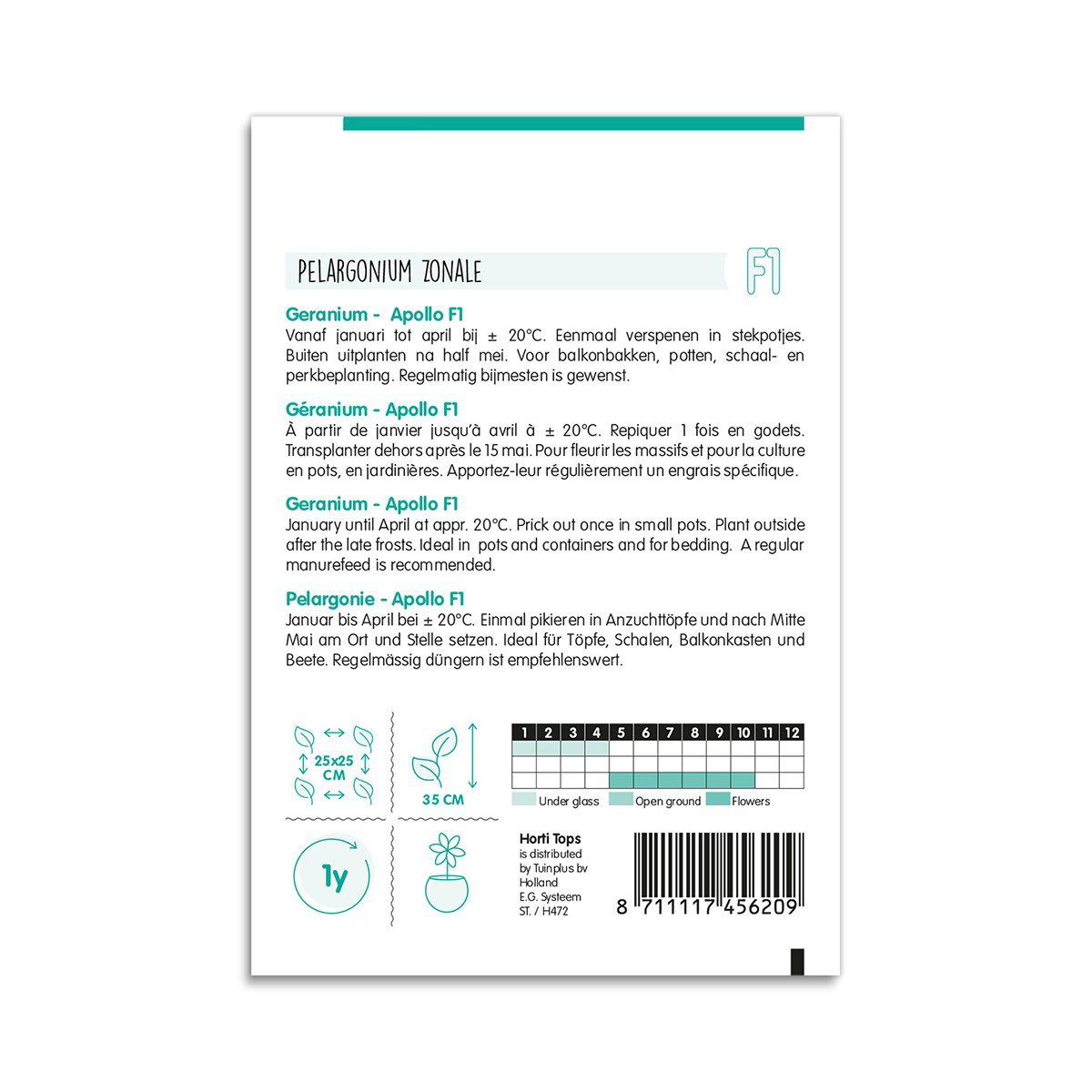 Bagside af frøpose til pelargonium Apollo F1 med vejledning
