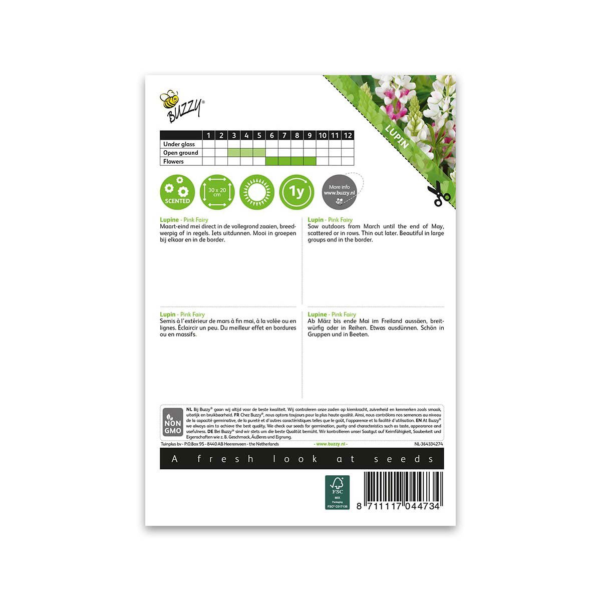 Buzzy Lupin Pink Fairy blomsterfrø pose bagpå