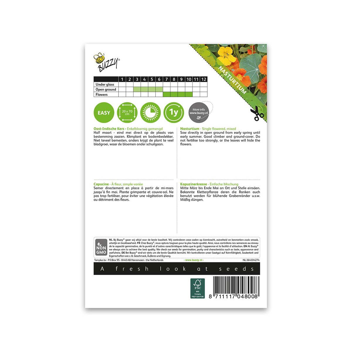 Bagside af Buzzy Nasturtium blomsterfrøpose