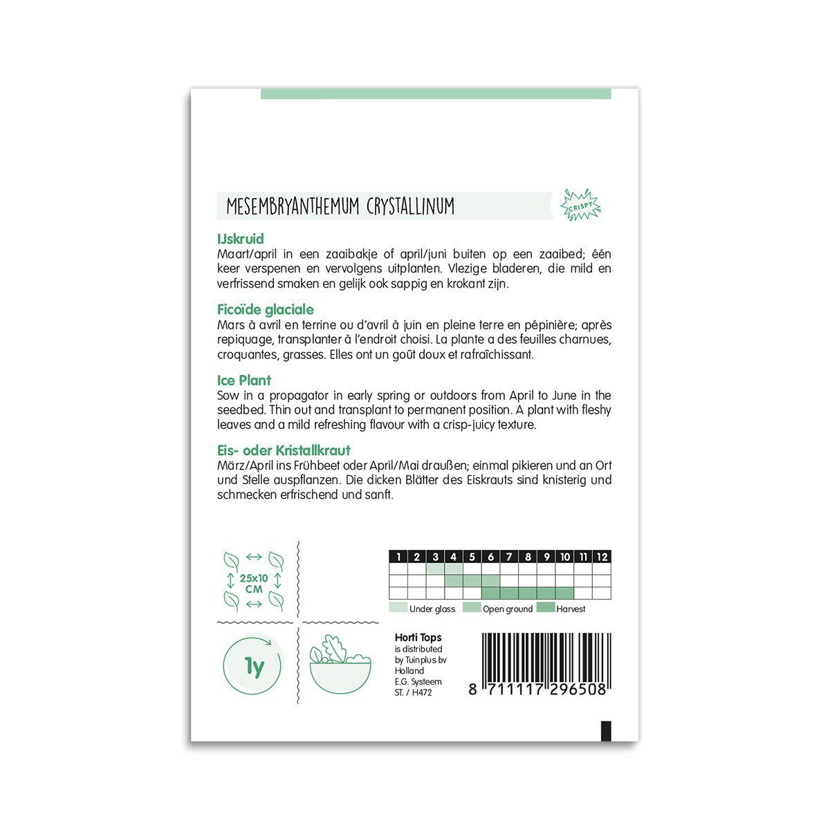 Bagside af frøpose til isplante Mesembryanthemum