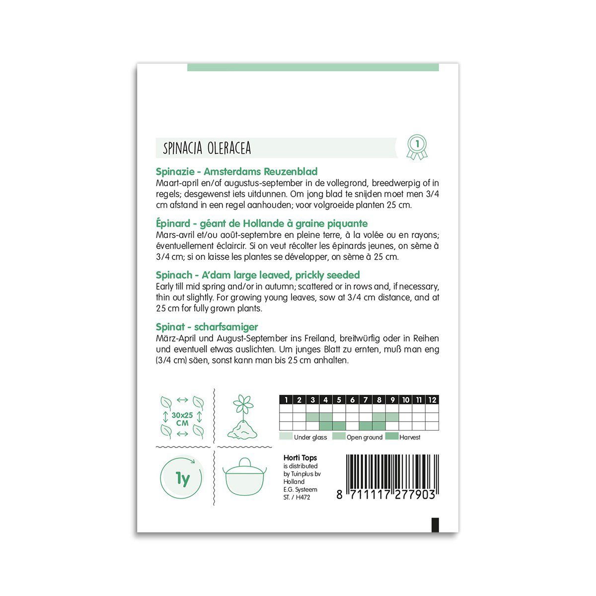 Bagside af frøpose til spinat med dyrkningsvejledning