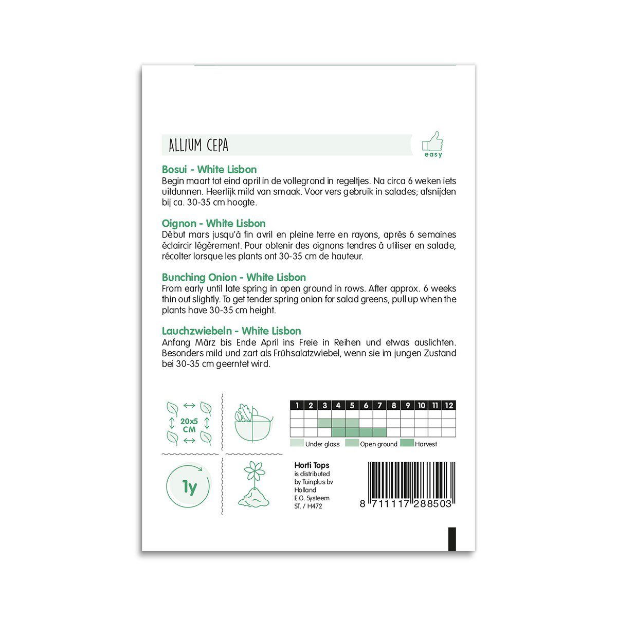 Bagside af pakke med frø til forårsløg White Lisbon