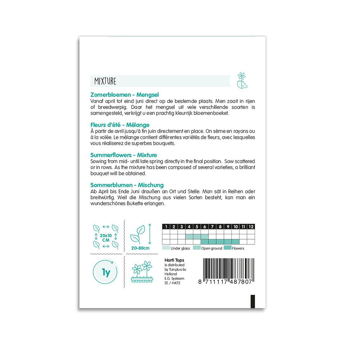Bagside af pose med frø til sommerblomsterblanding