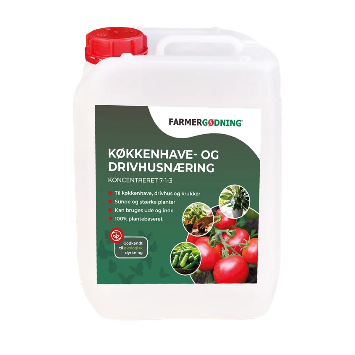 Flydende Køkkenhave- og drivhusnæring 7-1-3 2,5 L – Farmergødning, 100% organisk plantemateriale Farmergødning flydende køkkenhave- og drivhusnæring 7-1-3 i 2,5 liters hvid dunk med grøn etiket; 100% organisk, plantemateriale til drivhus, køkkenhave, krukker og potteplanter