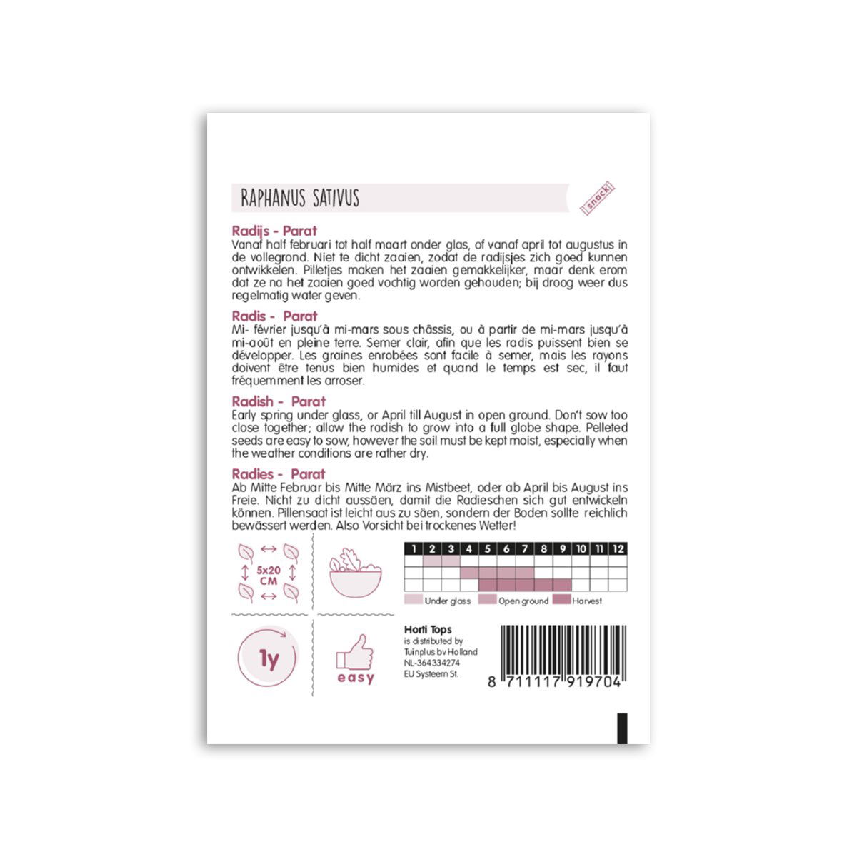 Bagside af pose med radisefrø Raphanus sativus