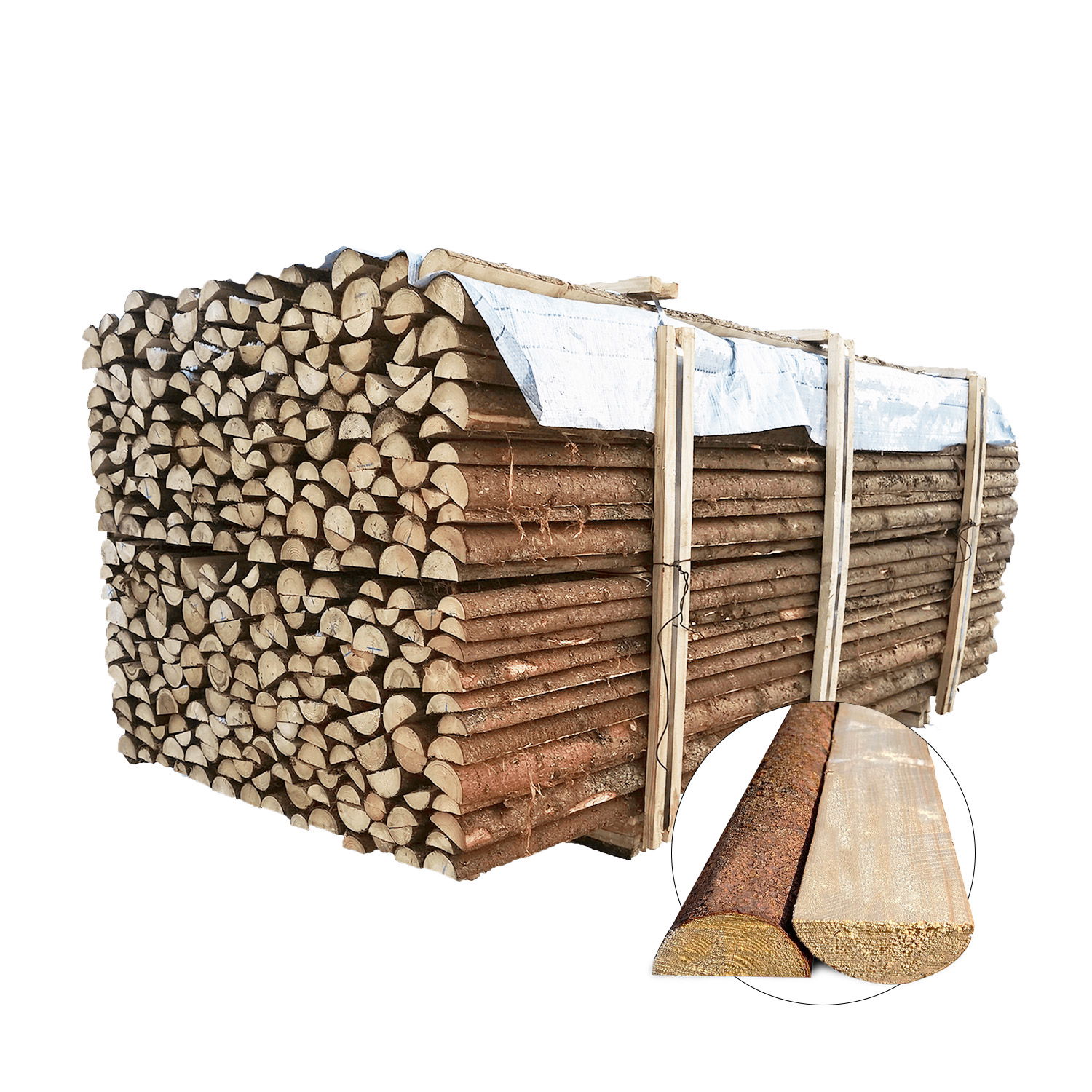 Flækkede granrafter med bark - Ø6-9 cm x 220 cm.