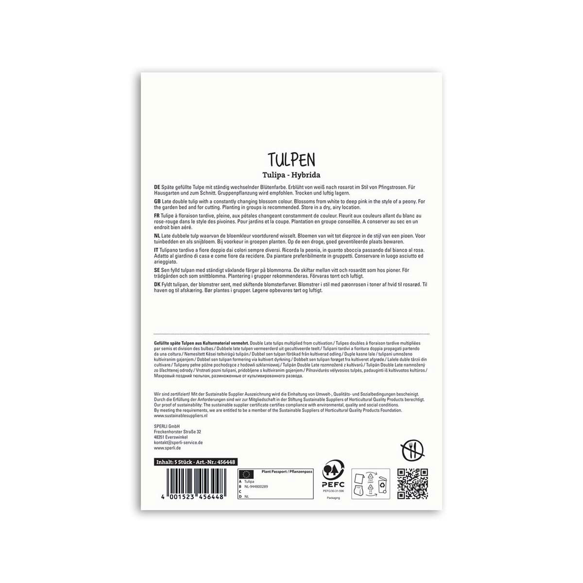 Bagside af emballage til Tulipa Hybrida tulipanløg